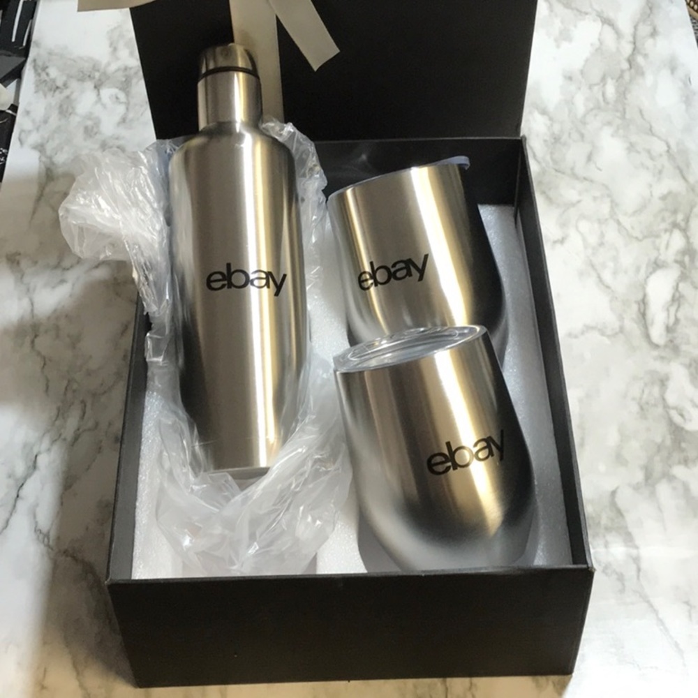 NEW stainless steel bottle & 2 stainless stemless tumblers eBay logo branded